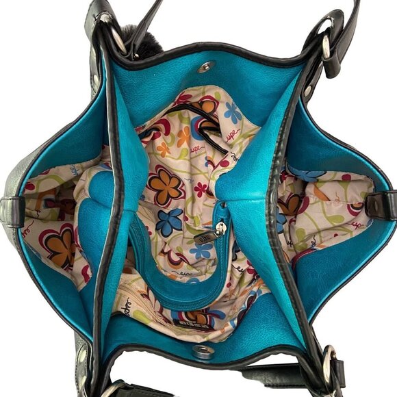 Espe Black Vegan Leather Purse Tote Bag pouch With Pom-Pom Floral Interior boho - Picture 5 of 14